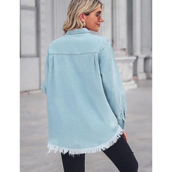 Women Chambray Collared Long Sleeve Pocket Button Down Jean Shirts - Picture 4 of 5